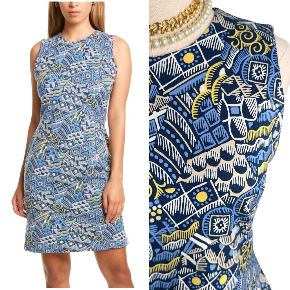 J. McLaughlin Talavera Devon patterned sheath dress blue yellow tan size XS